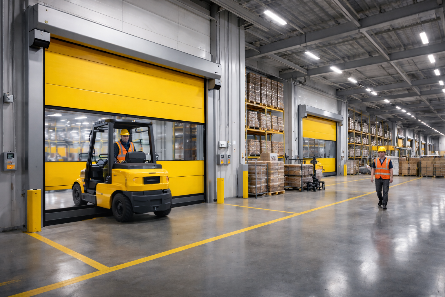 דלת תעשייתית מהירה במחסן עם מלגזה